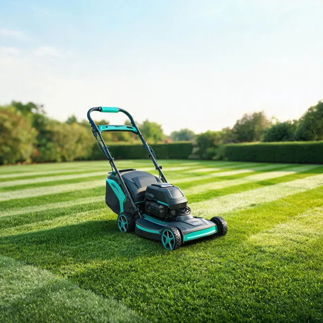 Husqvarna lawn mower on freshly cut grass