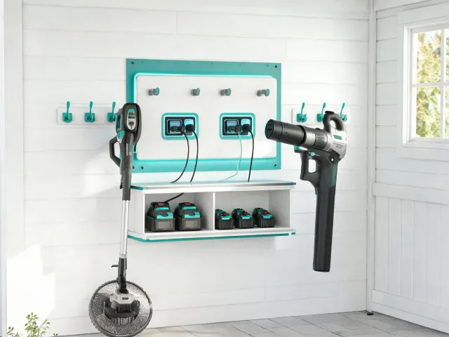 Battery garden tool charging and storage steps