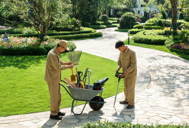 Resort grounds team preparing garden tools
