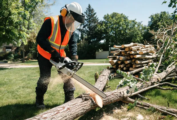 Tree care worker cutting fallen limbs