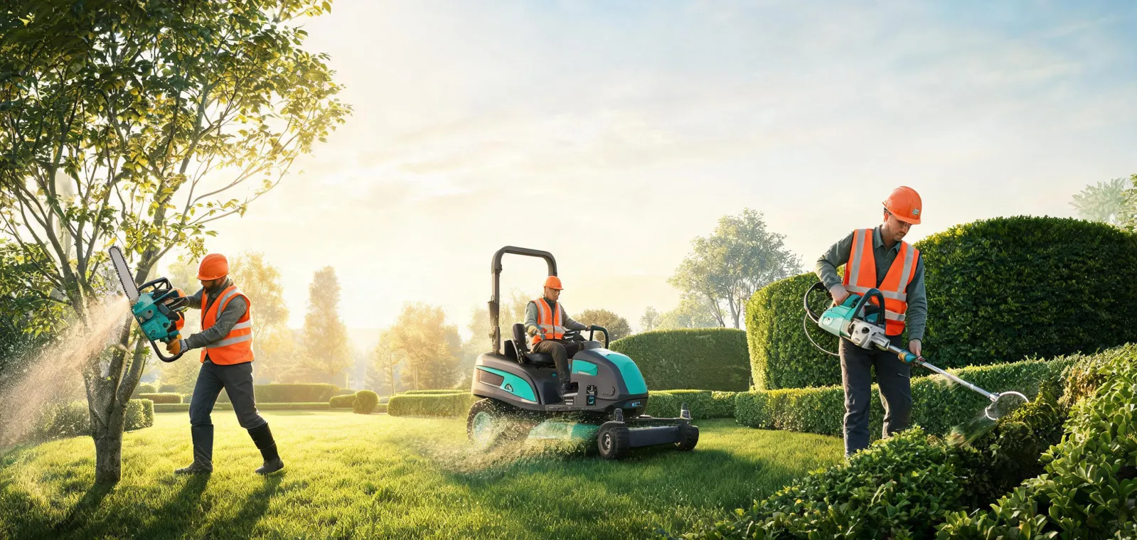 Landscape crew using Husqvarna garden tools near trimmed grounds